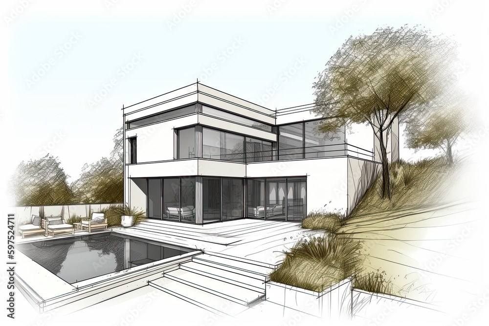 Architectural project exklusive detached house.. sketch of house. Generative AI - obrazy, fototapety, plakaty 