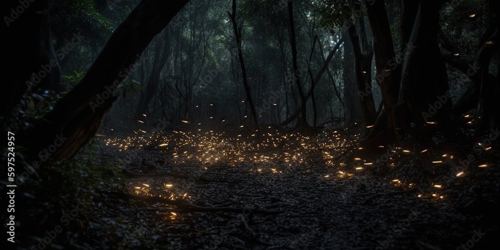 A swarm of fireflies twinkling in the darkness of a forest, concept of Bioluminescent phenomenon, created with Generative AI technology