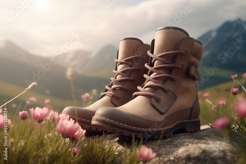boots on the grass. Mountains in background. Generative AI