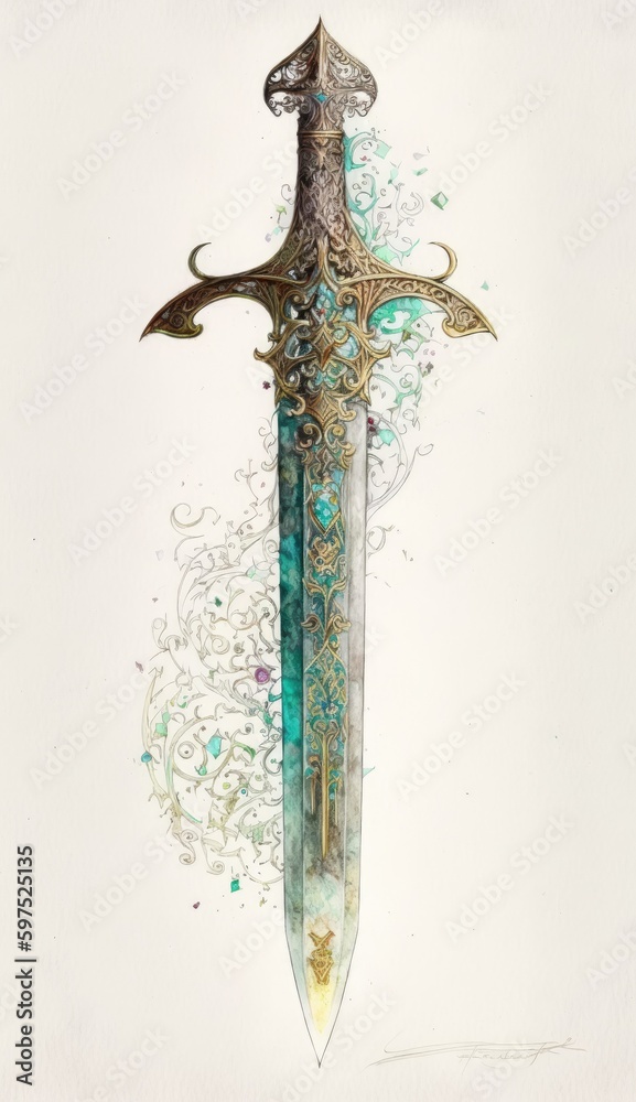 Celtic Enchantment: A Vintage Watercolor of a Magical Sword with Delicate Filigree on a White Background