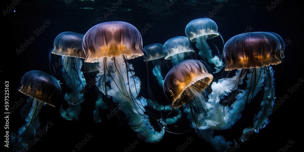 Obraz premium A school of jellyfish moving gracefully through the ocean currents, concept of Marine Ecosystem Dynamics, created with Generative AI technology