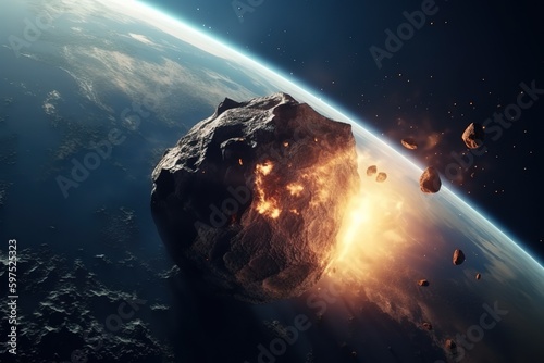Giant meteorite impact the earth. Armageddon, Asteroid In Collision With Planet view from space - Generative AI