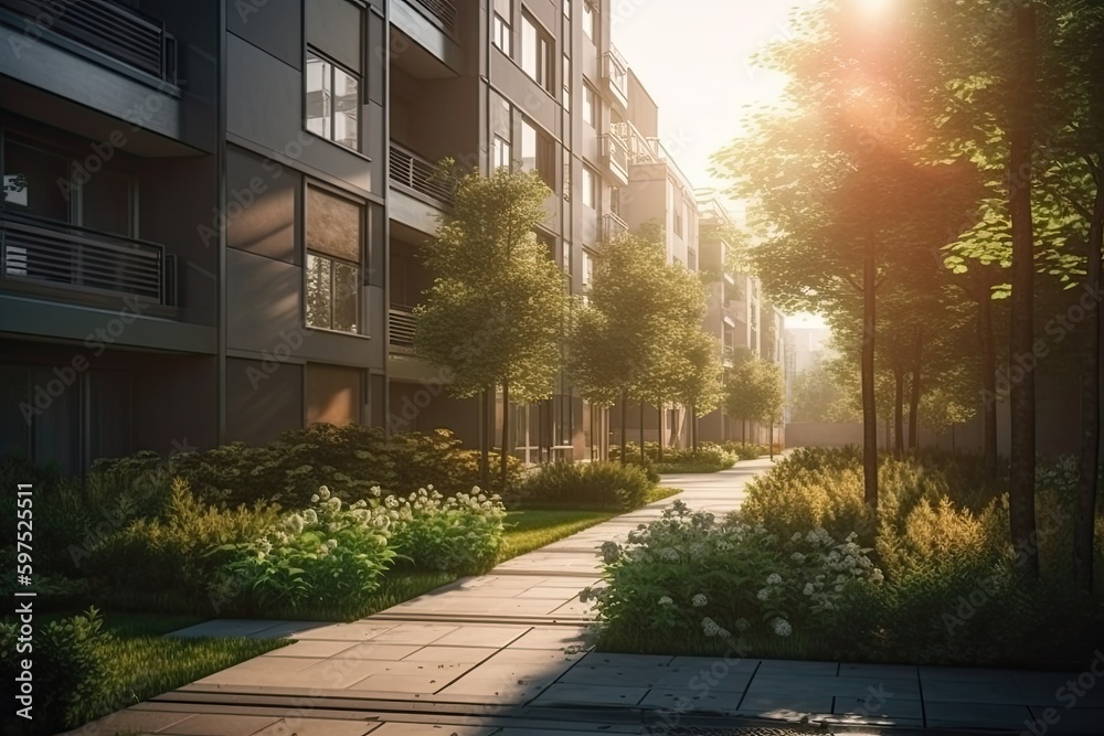 Fototapeta premium Architectural concept of a green ecological estate with apartment blocks. Genetrative AI
