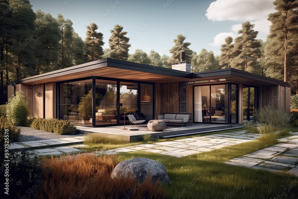Modern house in the sunset.. Generative AI Modern house in the sunset.. Generative AI