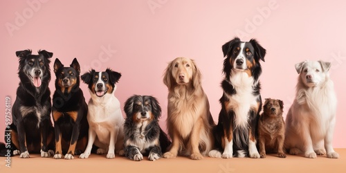 A group of different breed dogs isolated on pink background - Generative AI