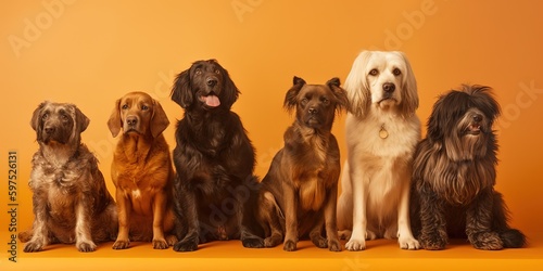 A group of different breed dogs isolated on orange background - Generative AI © losmostachos
