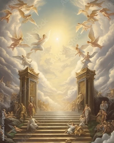 Photo heavenly stairway to heaven with floating clouds angelic angels
