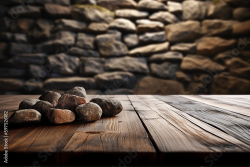 stone wall with blurred background with empty wooden table with free space for product display and mockup, copy space, small depth of field, ai generated – human enhanced