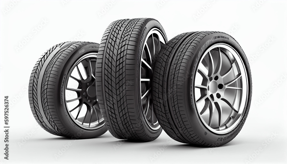 New realistic group of car tires on White background Ai generated image