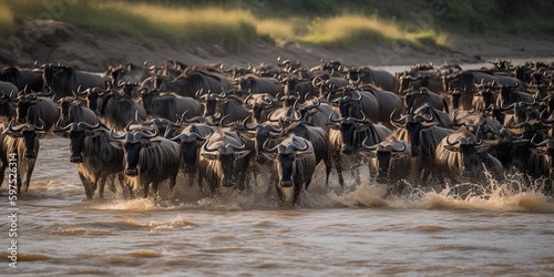 A herd of wildebeest crossing a river during migration season, concept of Animal Migration Patterns, created with Generative AI technology