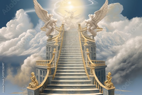 Fototapeta heavenly stairway to heaven with floating clouds angelic angels