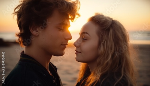 Young couple embracing in nature at sunset generated by AI