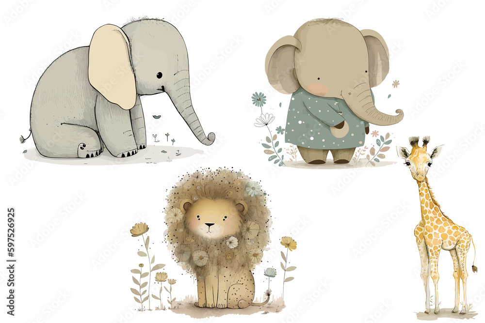 Safari Animal set lion, elephant and giraffe in 3d style. Isolate ...