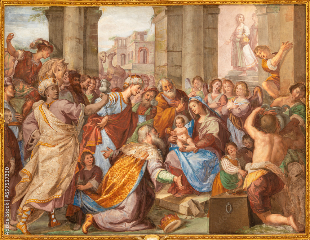 GENOVA, ITALY - MARCH 6, 2023: The fresco of Ascension of the Lord in the church Basilica della Santissima Annunziata del Vastato by Giovanni Carlone (1590–1630). - obrazy, fototapety, plakaty 