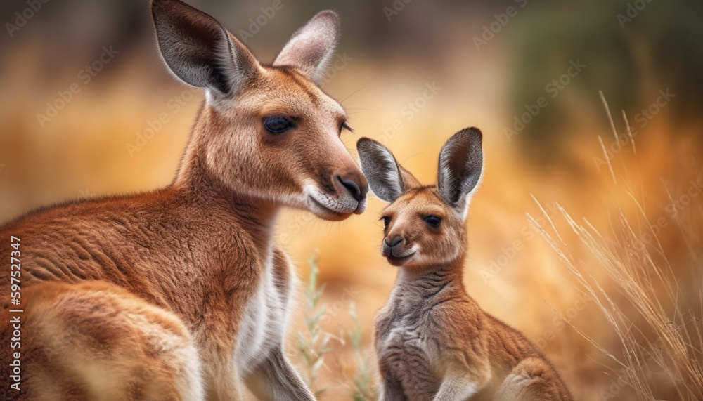 Cute donkey and rabbit sit in meadow generated by AI