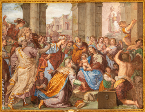 Fototapeta GENOVA, ITALY - MARCH 6, 2023: The fresco of Ascension of the Lord in the church Basilica della Santissima Annunziata del Vastato by Giovanni Carlone (1590–1630)