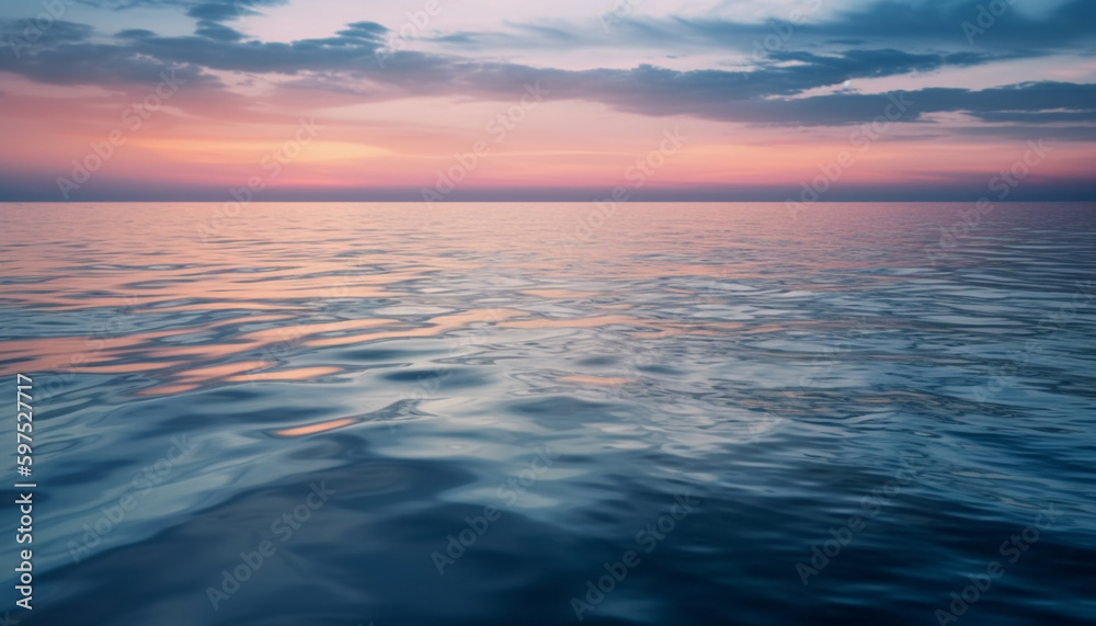 Sunset over tranquil water, nature beauty revealed generated by AI