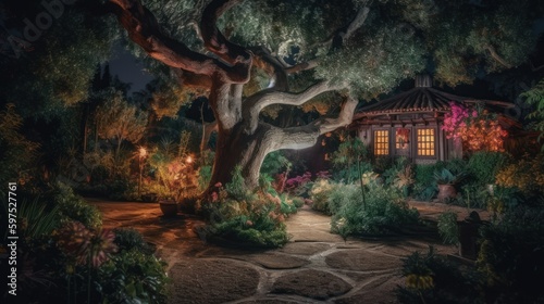 Captivating Night Garden Photography with Sony A9 and 35mm Lens  Glowing Trees  Volumetric Lighting  and Architecture from Asia to Europe  Generative ai