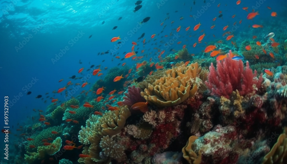 fish swim in soft coral reef generated by AI