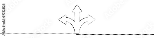 One continuous drawing of arrows in three directions vector. Dotted linear multidirectional arrows vector icon. Vector illustration of arrows in three directions in linear style.