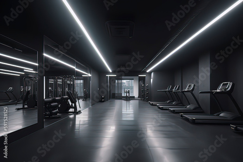 Indoor space of the gym. AI technology generated image