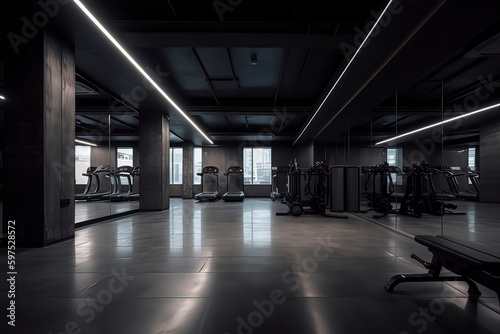 Indoor space of the gym. AI technology generated image