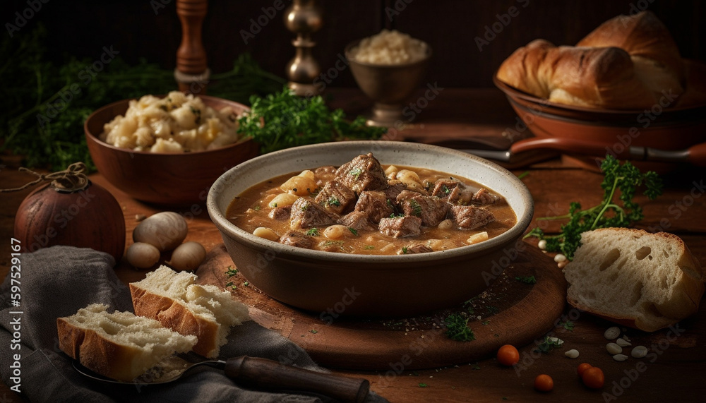 Rustic beef stew cooked on wood table generated by AI Rustic beef stew cooked on wood table generated by AI