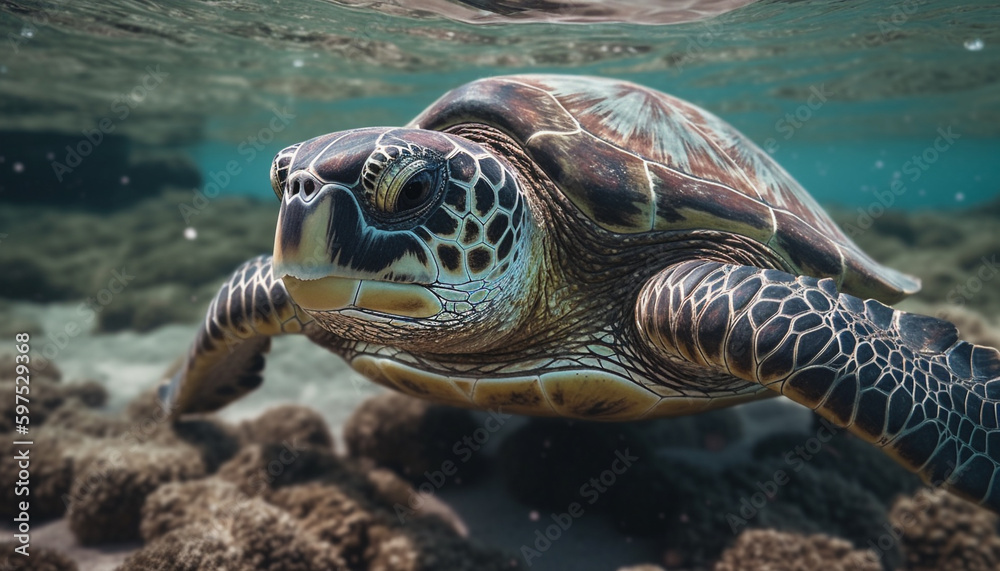 Fototapeta premium Endangered hawksbill turtle swimming in coral reef generated by AI