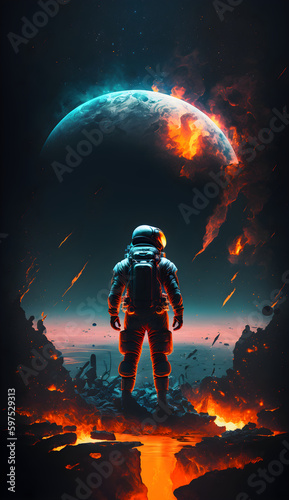 Lone astronaut observes planetary apocalypse