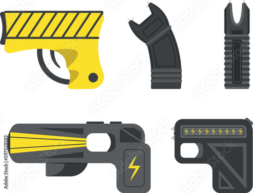 Set of electroshock weapons in a cartoon style. Vector illustration of various stun guns isolated on white background. Taser. Electric gun. Weapons of self-defense. Police weapon.