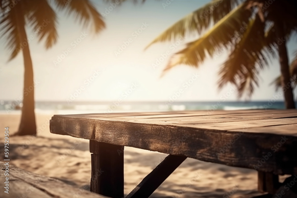 sea and beach with palms during sunset, blurred background with empty wooden table with free space for product display and mockup, copy space, small depth of field, ai generated – human enhanced