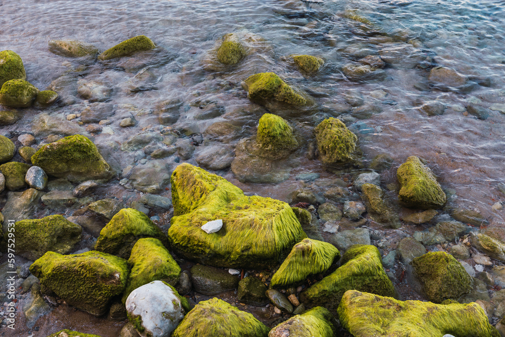 Rocks covered with green moss on the mediterranean seashore