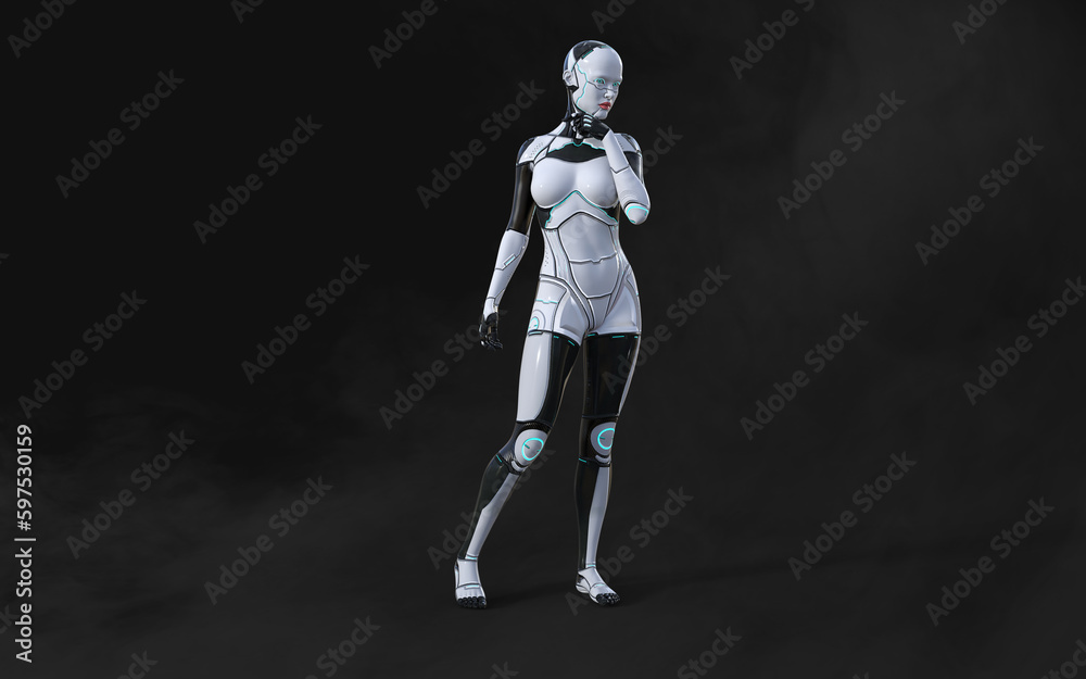 3d illustration of A woman AI cyborg pose on black background with clipping path. AI project. 
