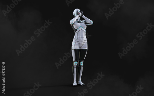 3d illustration of A woman AI cyborg pose on black background with clipping path. AI project.  © mrjo_7