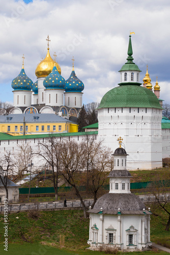 Temples of the Holy Trinity Sergius Lavra on a cloudy April day. Sergiev Posad. Golden ring of Russia photo