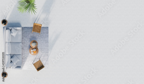 The top view is a sofa set with plants placed on a wooden floor in the living room.3d rendering.