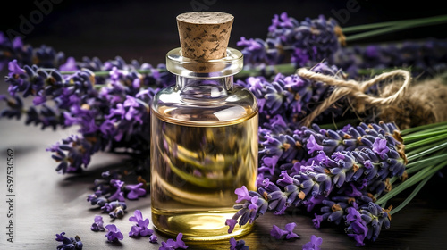 A bottle of essential oil for aromatherapy  alternative medicine or perfumery and a bouquet of fresh lavender on a wooden background. Side view  close-up. Generative AI.