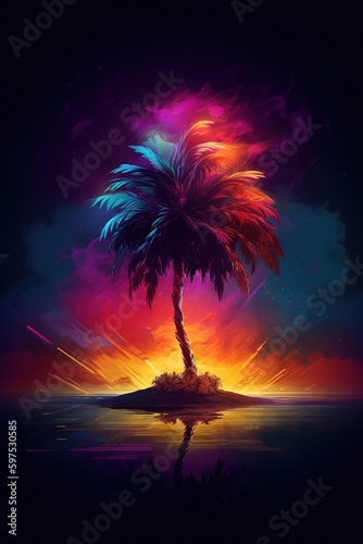 Summer tropical background with palm trees, sky and sunset. Summer poster flyer invitation card - Generative AI © losmostachos