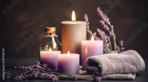 Spa treatment set with towels  scented candles  lavender branches. Generative AI.