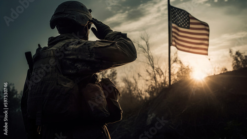 Army Soldier male saluting to American flag, Military uniform, Veterans Day, USA patriotism, Memorial Day, Independence Day concept 