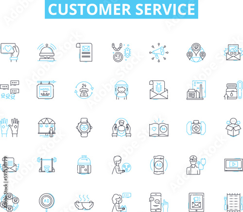 Customer service linear icons set. Satisfaction, Support, Experience, Helpfulness, Responsiveness, Timeliness, Empathy line vector and concept signs. Communication,Patience,Trust outline Generative AI