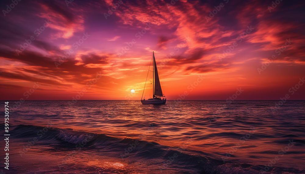 Fototapeta premium Sailboat silhouette glides on tranquil sunset waters generated by AI