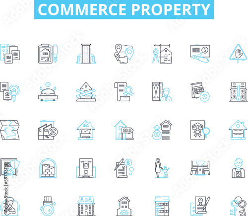 Commerce property linear icons set. Retail, Commercial, Industrial, Office, Warehouse, Shopping, Plaza line vector and concept signs. Strip,Business,Park outline illustrations Generative AI