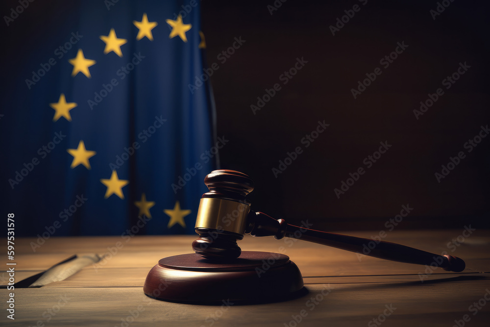 A judges gavel hammer with a European Union flag. Europe law and order. Generative ai A judges gavel hammer with a European Union flag. Europe law and order. Generative ai