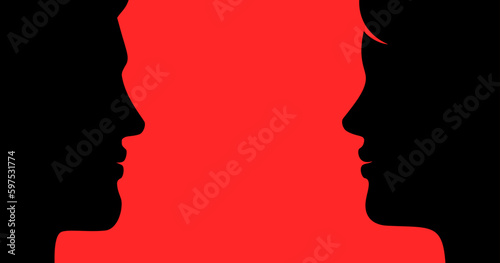 Young man and woman standing close to each other on a red background. Flat style silhouette vector illustration.