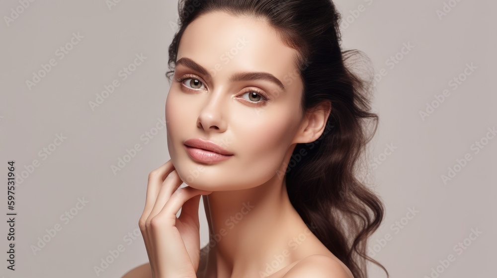 Portrait of woman, skincare and beauty cosmetics for shine, wellness or healthy glow on studio background. Happy model touching face after facial laser aesthetics, chemical peel and clean dermatology. - obrazy, fototapety, plakaty 