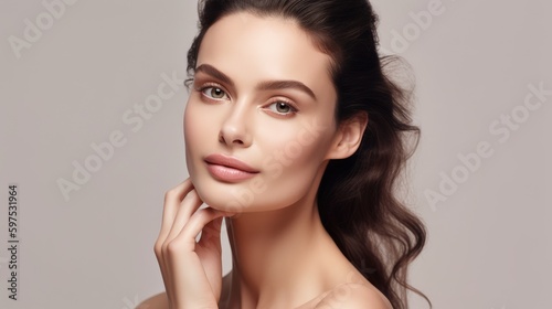 Fotografiet Portrait of woman, skincare and beauty cosmetics for shine, wellness or healthy glow on studio background