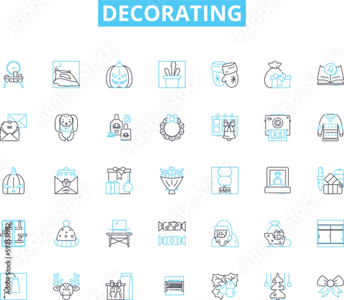 Decorating linear icons set. Aesthetics, Colors, Design, Furniture, Patterns, Textures, Arrk line vector and concept signs. Accessories,Lighting,Theme outline illustrations Generative AI