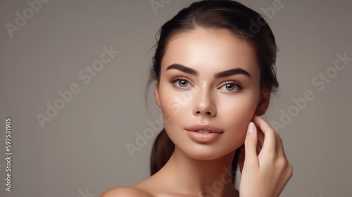 Portrait of woman, skincare and beauty cosmetics for shine, wellness or healthy glow on studio background. Happy model touching face after facial laser aesthetics, chemical peel and clean dermatology.