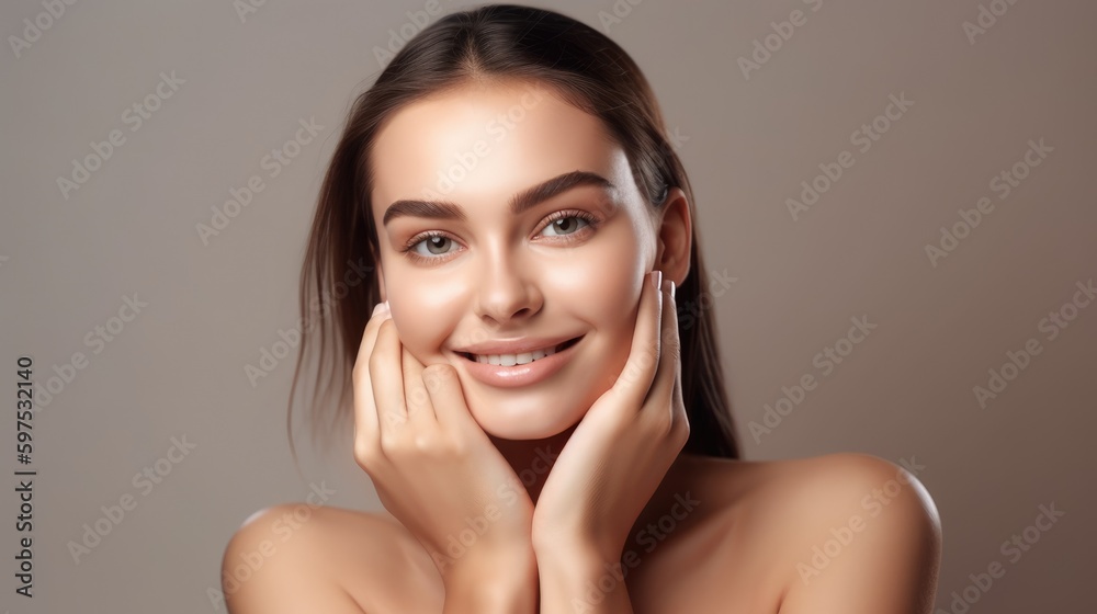 Portrait of woman, skincare and beauty cosmetics for shine, wellness or healthy glow on studio background. Happy model touching face after facial laser aesthetics, chemical peel and clean dermatology. Portrait of woman, skincare and beauty cosmetics for shine, wellness or healthy glow on studio background. Happy model touching face after facial laser aesthetics, chemical peel and clean dermatology.